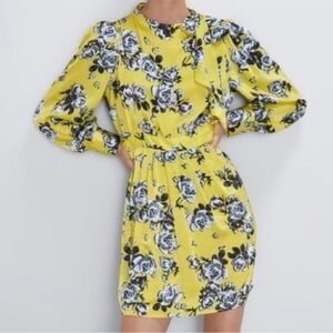 Zara Yellow Floral Puff Sleeve‎ Dress Bow Tie Shoulder Size XS Office Career NWT